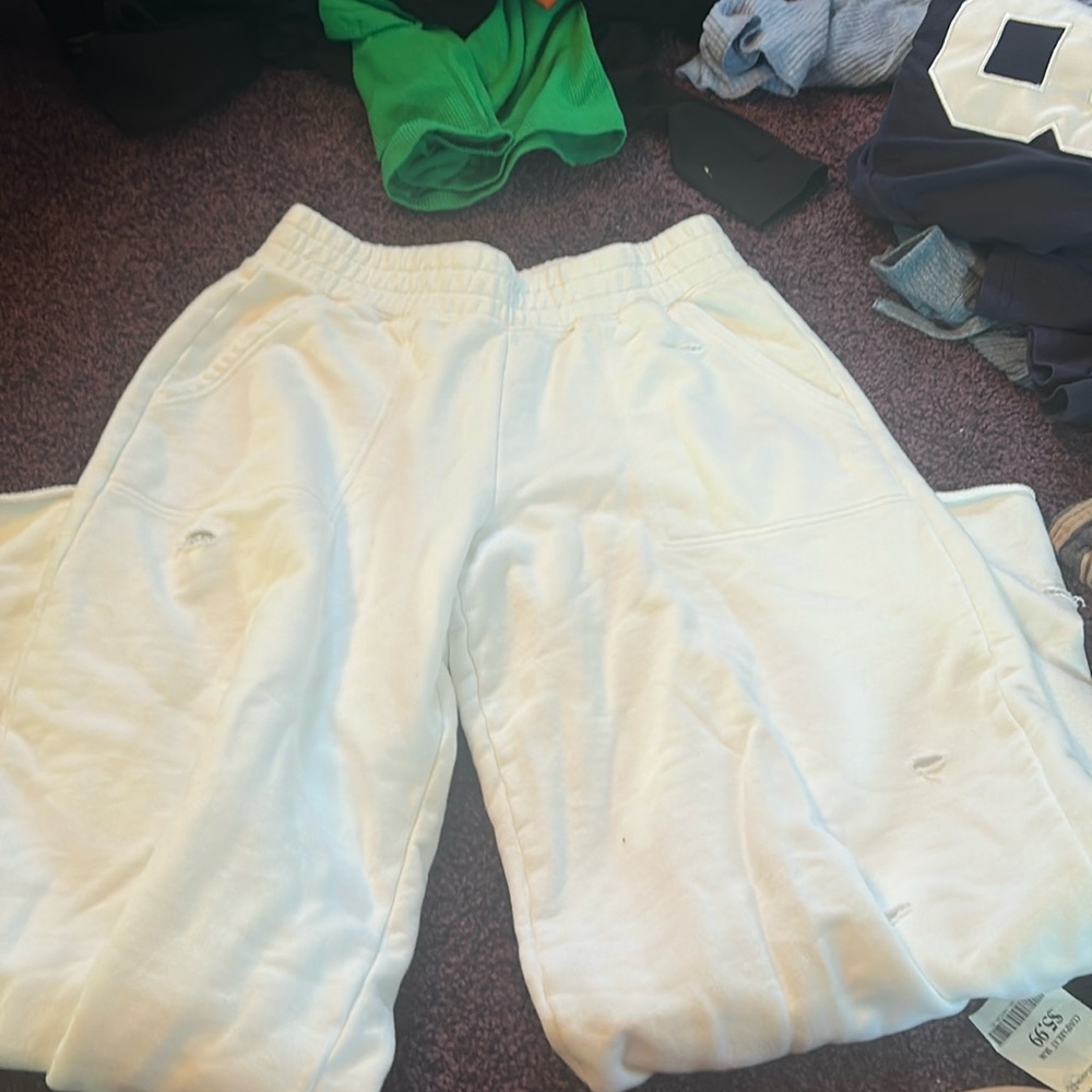 aerie Cream Wide-Leg Sweatpants with Distressed Details